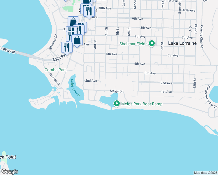 map of restaurants, bars, coffee shops, grocery stores, and more near 6 Handolin Lane in Shalimar