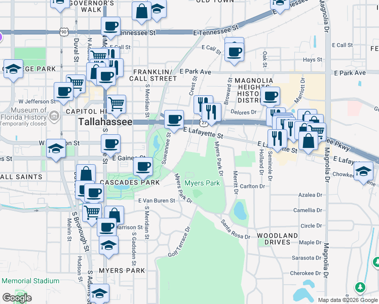map of restaurants, bars, coffee shops, grocery stores, and more near 524 Marvin Street in Tallahassee