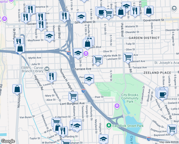 map of restaurants, bars, coffee shops, grocery stores, and more near 1254 South 14th Street in Baton Rouge
