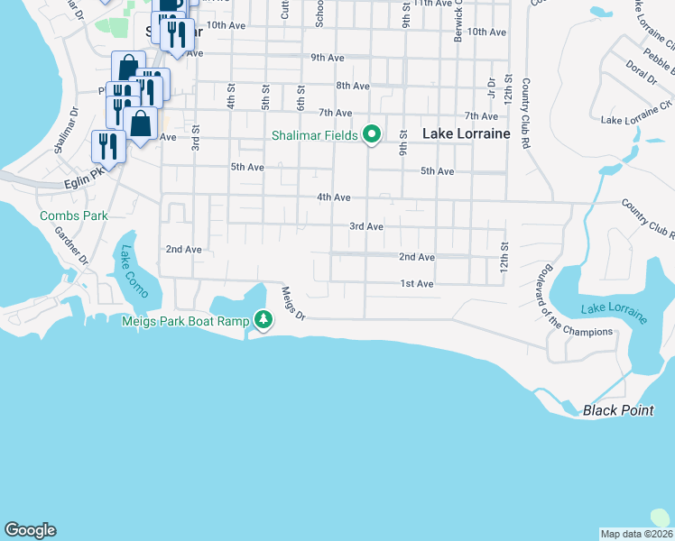 map of restaurants, bars, coffee shops, grocery stores, and more near 80 2nd Avenue in Shalimar
