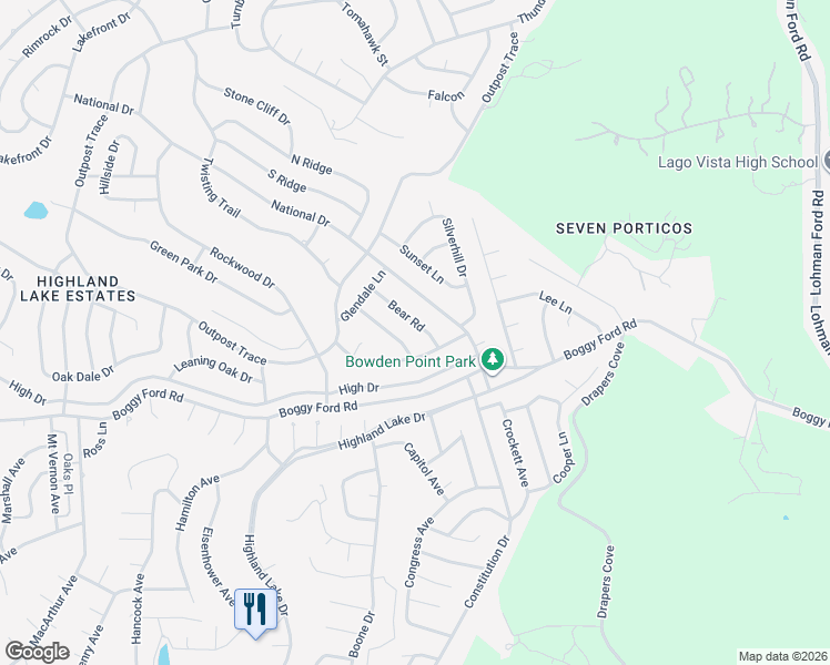 map of restaurants, bars, coffee shops, grocery stores, and more near 20403 Bear Road in Lago Vista