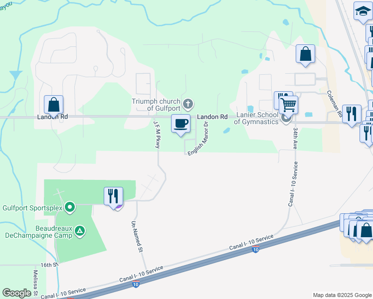 map of restaurants, bars, coffee shops, grocery stores, and more near 10256 English Manor Drive in Gulfport
