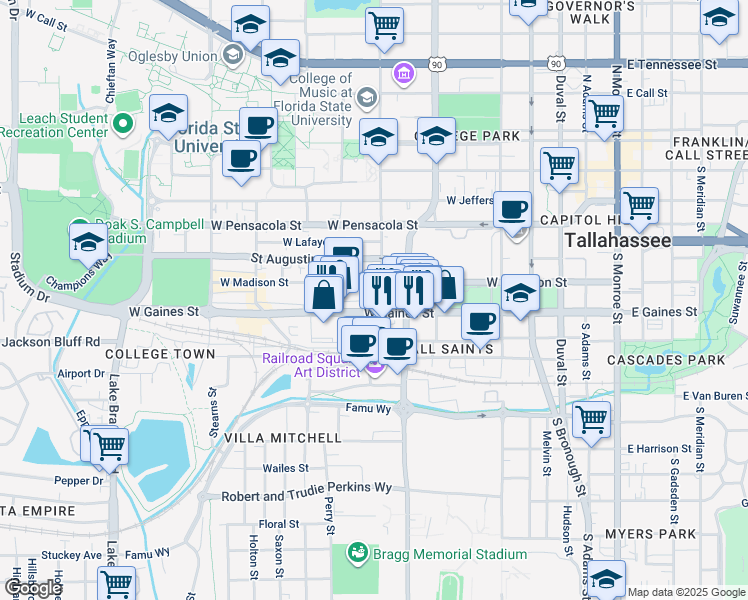 map of restaurants, bars, coffee shops, grocery stores, and more near 601 West Madison Street in Tallahassee