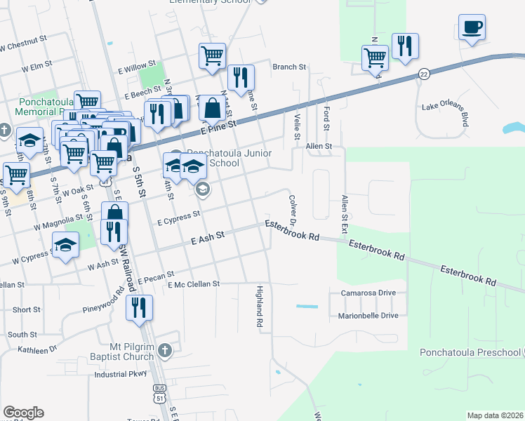 map of restaurants, bars, coffee shops, grocery stores, and more near 410 South 1st Street in Ponchatoula