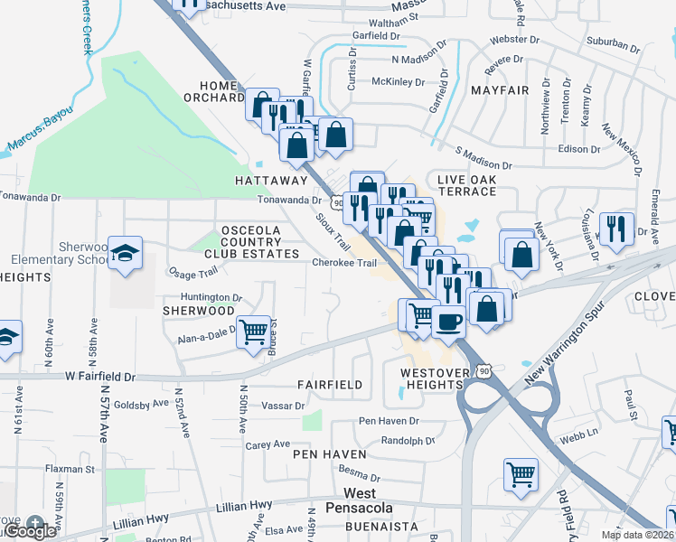 map of restaurants, bars, coffee shops, grocery stores, and more near 106 Cherokee Trail in Pensacola