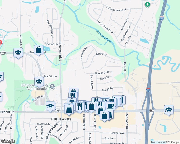 map of restaurants, bars, coffee shops, grocery stores, and more near 11083 Bacall Road West in Jacksonville
