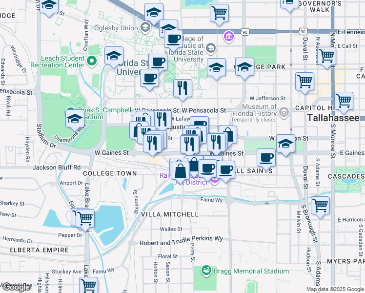 map of restaurants, bars, coffee shops, grocery stores, and more near 724 West Madison Street in Tallahassee