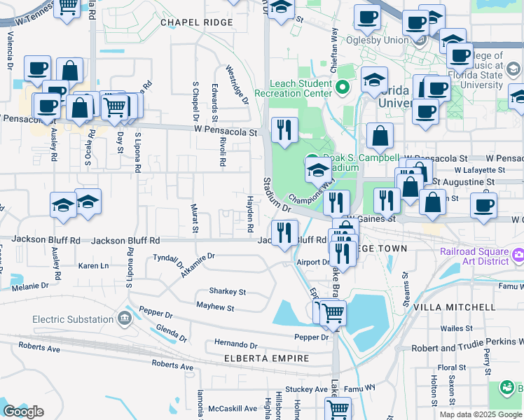 map of restaurants, bars, coffee shops, grocery stores, and more near 322 Hayden Road in Tallahassee
