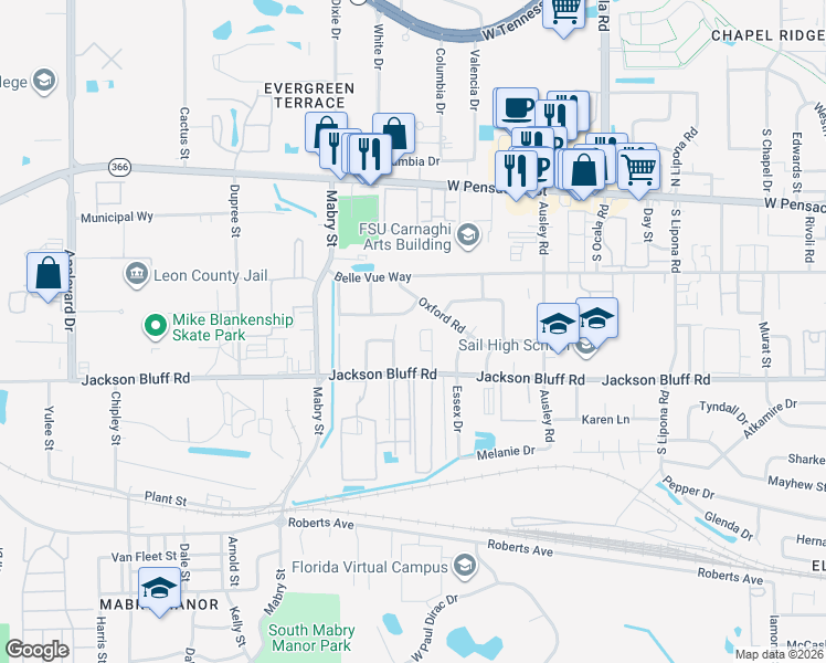 map of restaurants, bars, coffee shops, grocery stores, and more near 2301 Oxford Road in Tallahassee