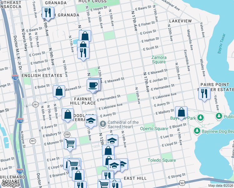 map of restaurants, bars, coffee shops, grocery stores, and more near 2071 North 14th Avenue in Pensacola