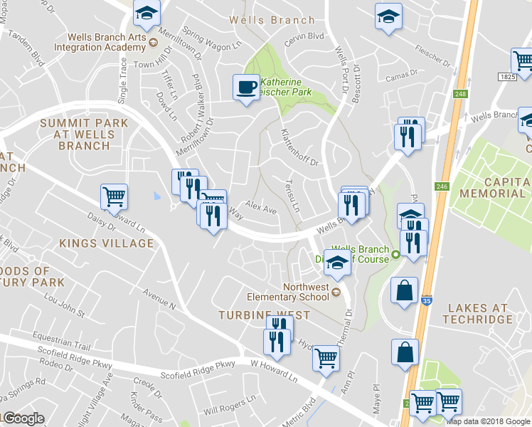 map of restaurants, bars, coffee shops, grocery stores, and more near 14201 Sussman Court in Austin