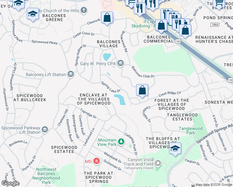 map of restaurants, bars, coffee shops, grocery stores, and more near 8905 Spring Lake Drive in Austin