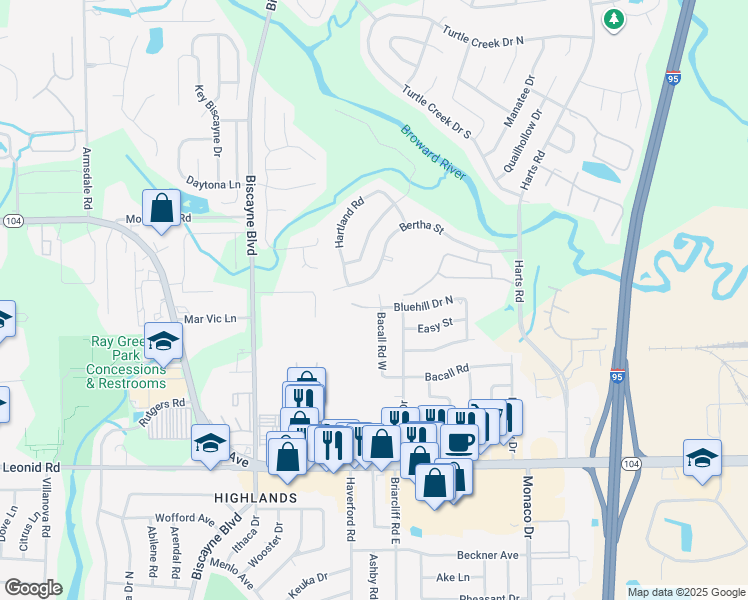 map of restaurants, bars, coffee shops, grocery stores, and more near 11083 Bacall Road West in Jacksonville