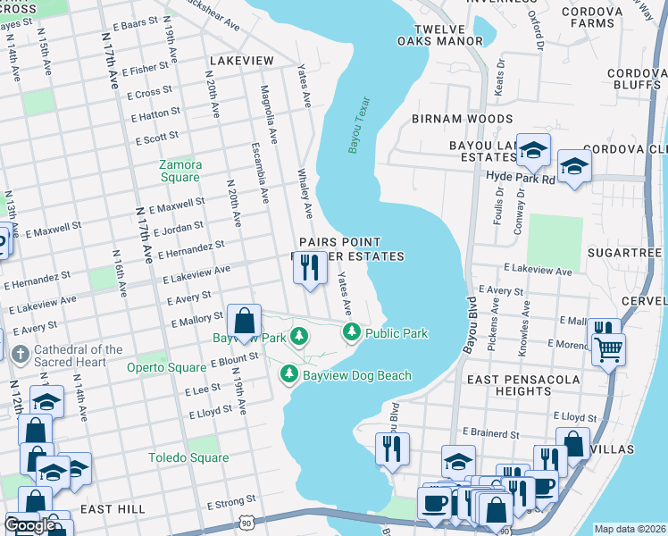 map of restaurants, bars, coffee shops, grocery stores, and more near 1817 Yates Avenue in Pensacola