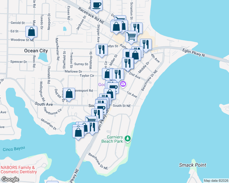map of restaurants, bars, coffee shops, grocery stores, and more near 400 Eglin Parkway Northeast in Fort Walton Beach
