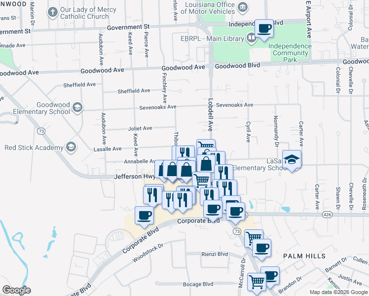 map of restaurants, bars, coffee shops, grocery stores, and more near 1445 Thibodeaux Avenue in Baton Rouge