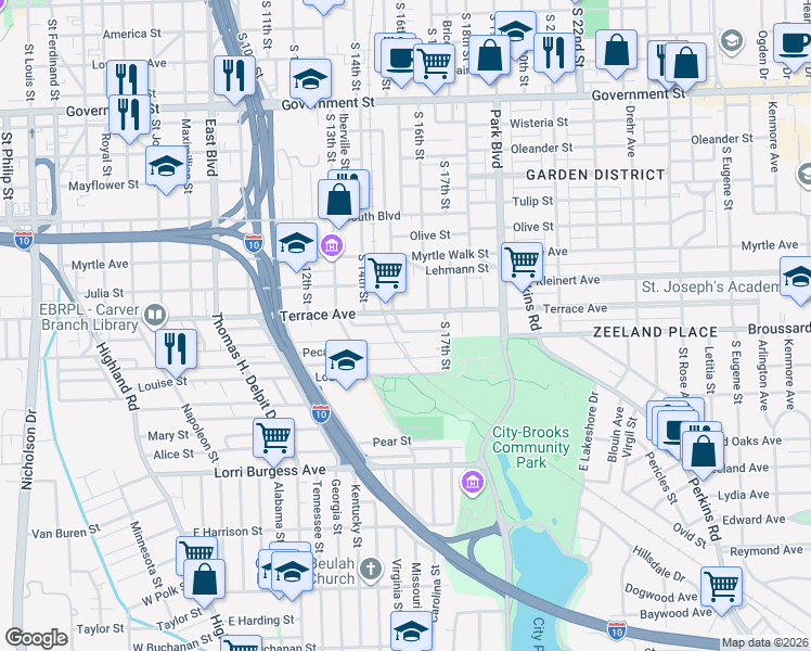 map of restaurants, bars, coffee shops, grocery stores, and more near in Baton Rouge