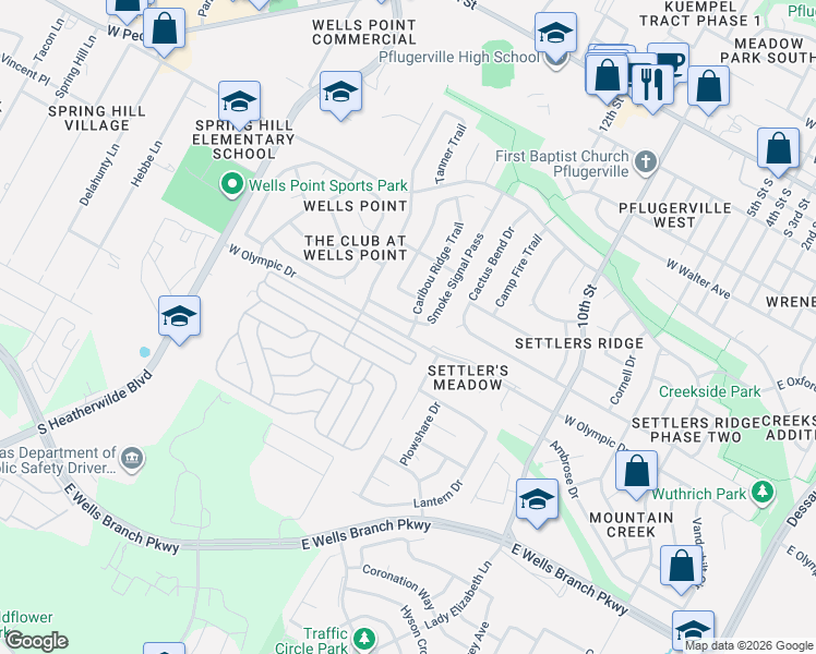 map of restaurants, bars, coffee shops, grocery stores, and more near 819 Caribou Ridge Trail in Pflugerville