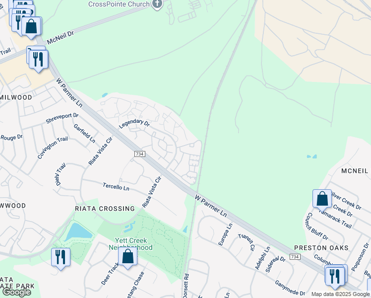 map of restaurants, bars, coffee shops, grocery stores, and more near 13021 Legendary Drive in Austin
