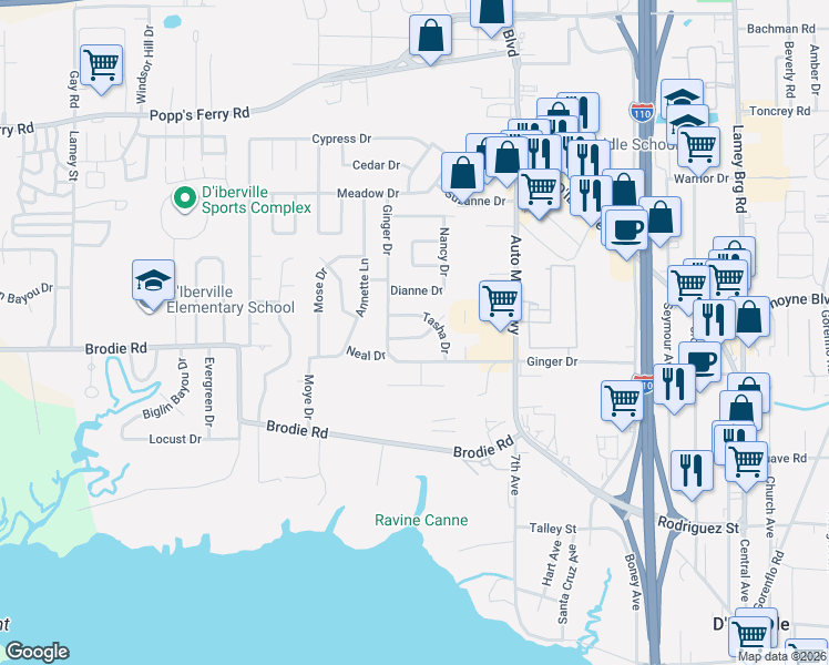 map of restaurants, bars, coffee shops, grocery stores, and more near 549 Tasha Drive in D'Iberville