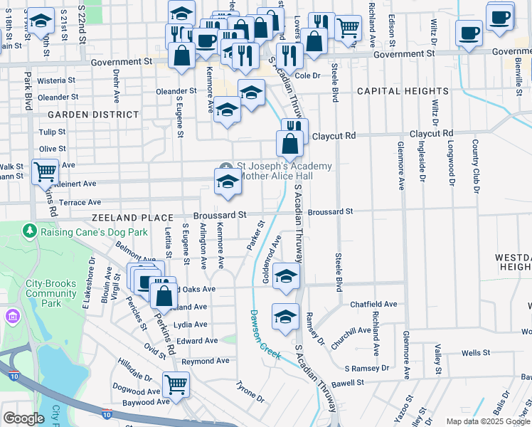 map of restaurants, bars, coffee shops, grocery stores, and more near 3225 Broussard Street in Baton Rouge