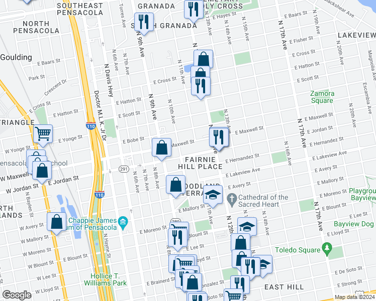 map of restaurants, bars, coffee shops, grocery stores, and more near 1020 East Jordan Street in Pensacola