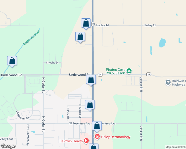 map of restaurants, bars, coffee shops, grocery stores, and more near 18346 County Road 24 in Foley