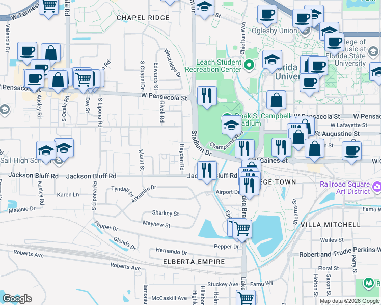 map of restaurants, bars, coffee shops, grocery stores, and more near 322 Hayden Road in Tallahassee
