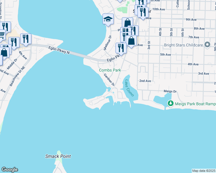 map of restaurants, bars, coffee shops, grocery stores, and more near 139 Gardner Drive in Shalimar