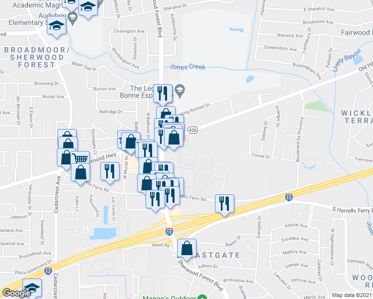map of restaurants, bars, coffee shops, grocery stores, and more near 11528 Old Hammond Highway in Baton Rouge