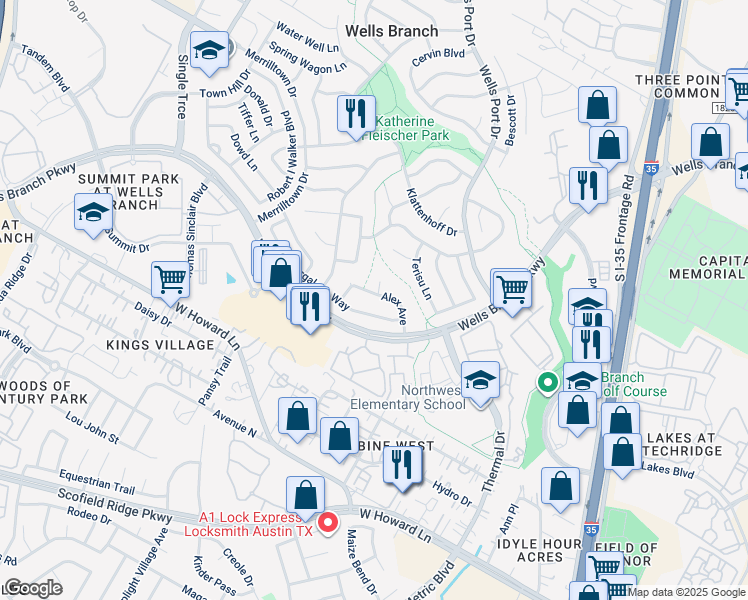 map of restaurants, bars, coffee shops, grocery stores, and more near 14201 Sussman Court in Austin
