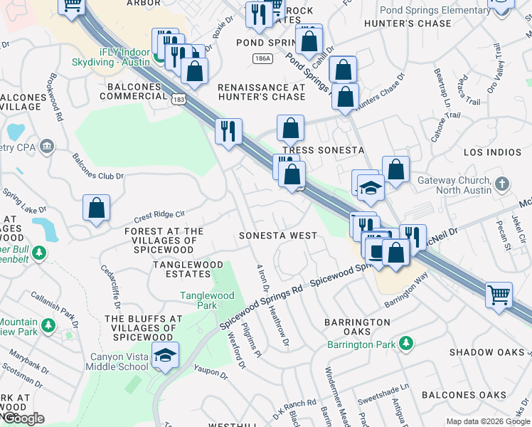 map of restaurants, bars, coffee shops, grocery stores, and more near 8518 Fathom Circle in Austin