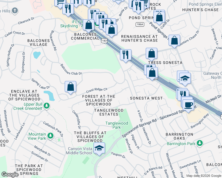 map of restaurants, bars, coffee shops, grocery stores, and more near 8608 Crest Ridge Circle in Austin