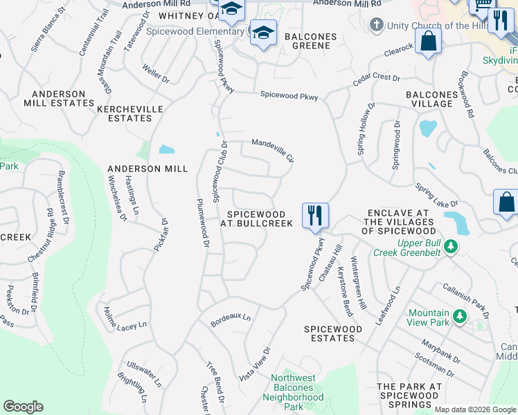 map of restaurants, bars, coffee shops, grocery stores, and more near 9909 Brandywine Circle in Austin