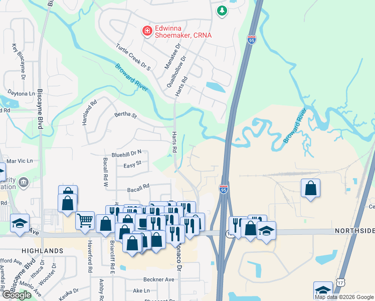 map of restaurants, bars, coffee shops, grocery stores, and more near 11127 Harts Road in Jacksonville