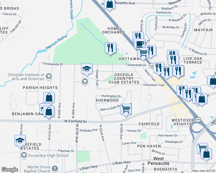 map of restaurants, bars, coffee shops, grocery stores, and more near 301 Cherokee Trail in Pensacola