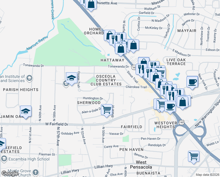 map of restaurants, bars, coffee shops, grocery stores, and more near 224 Cherokee Trail in Pensacola