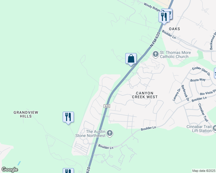 map of restaurants, bars, coffee shops, grocery stores, and more near 11906 Bay Heights Way in Austin