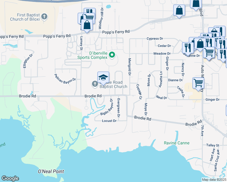 map of restaurants, bars, coffee shops, grocery stores, and more near 103 Hemlock Drive in D'Iberville