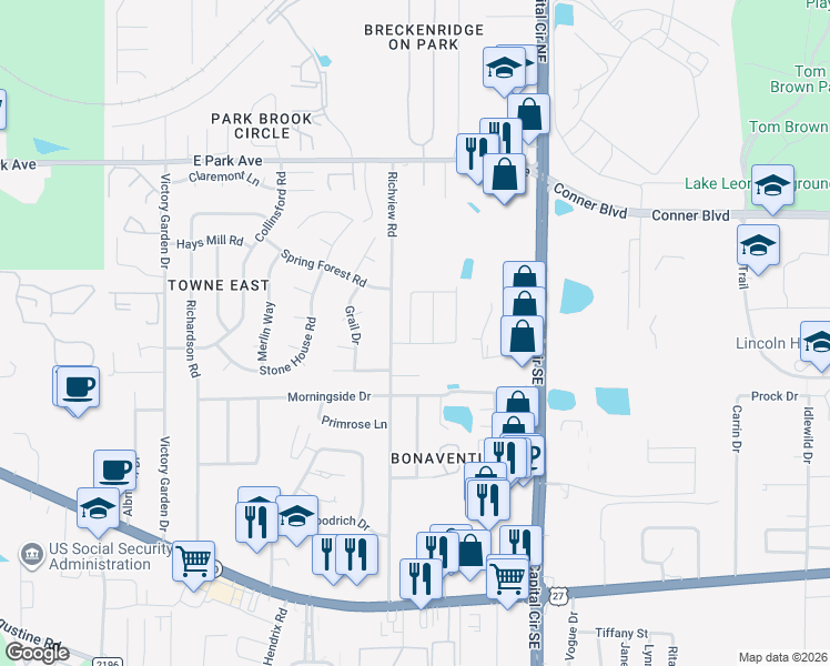 map of restaurants, bars, coffee shops, grocery stores, and more near 465 Richview Park Circle West in Tallahassee