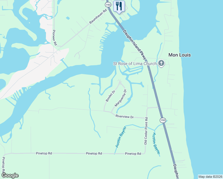 map of restaurants, bars, coffee shops, grocery stores, and more near 12246 Boulet Drive in Coden