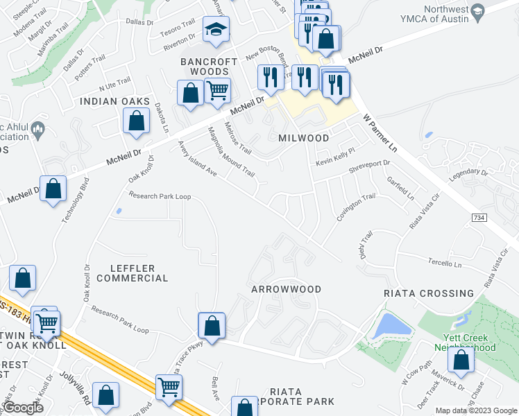 map of restaurants, bars, coffee shops, grocery stores, and more near 6101 Avery Island Avenue in Austin