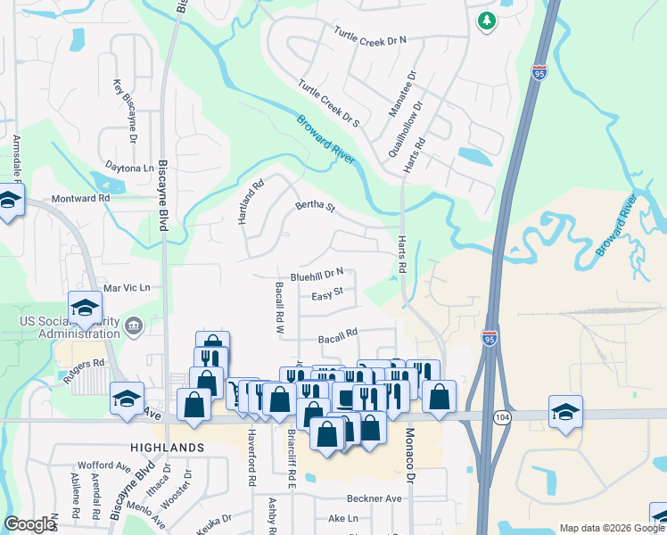 map of restaurants, bars, coffee shops, grocery stores, and more near 1049 Bluehill Drive North in Jacksonville