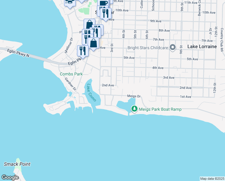 map of restaurants, bars, coffee shops, grocery stores, and more near 5 3rd Street in Shalimar