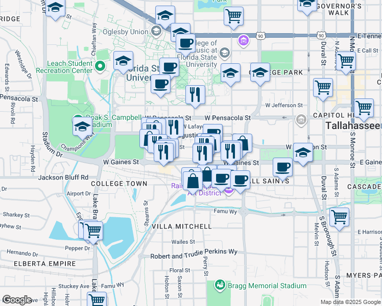 map of restaurants, bars, coffee shops, grocery stores, and more near 704 West Gaines Street in Tallahassee