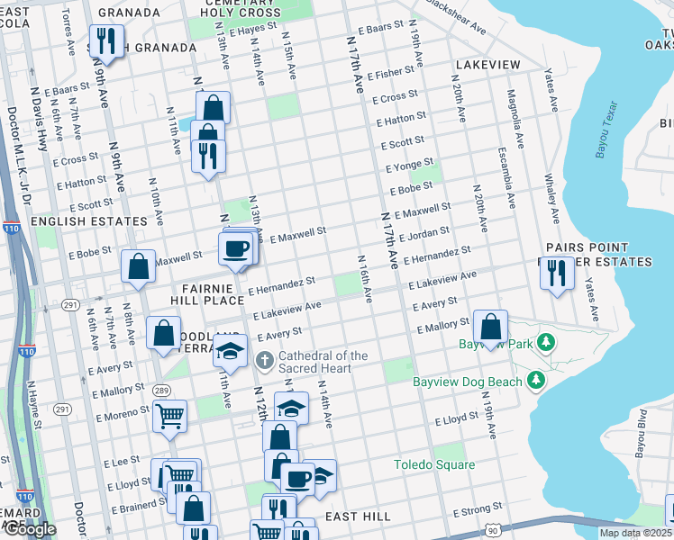 map of restaurants, bars, coffee shops, grocery stores, and more near 1500 East Hernandez Street in Pensacola