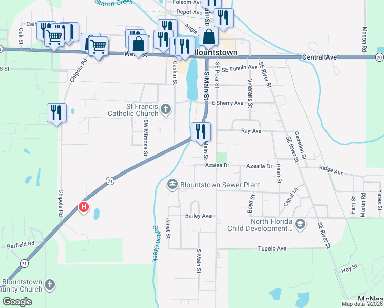 map of restaurants, bars, coffee shops, grocery stores, and more near 20568 Camelia Drive in Blountstown