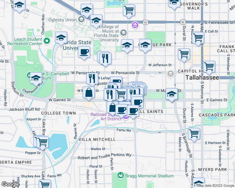 map of restaurants, bars, coffee shops, grocery stores, and more near in Tallahassee
