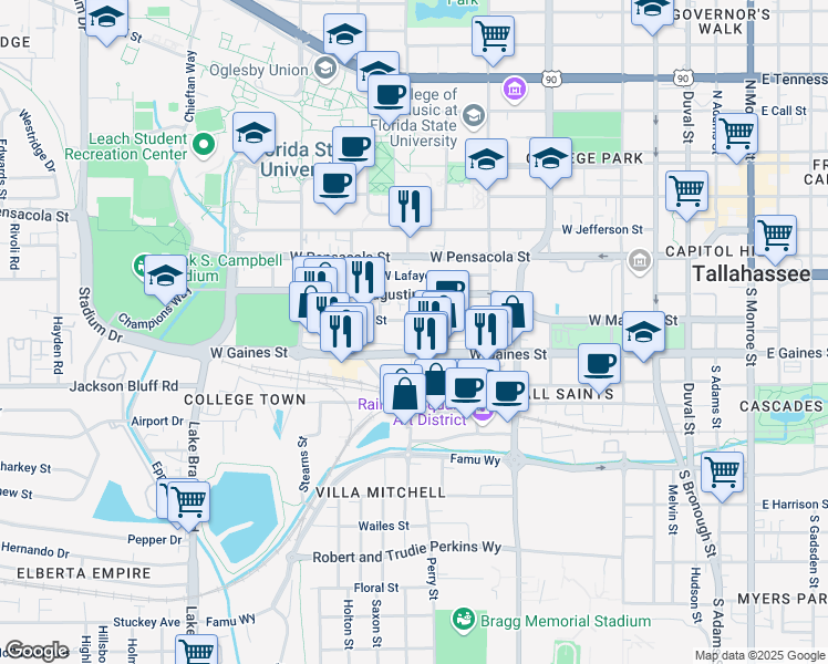 map of restaurants, bars, coffee shops, grocery stores, and more near 724 West Madison Street in Tallahassee