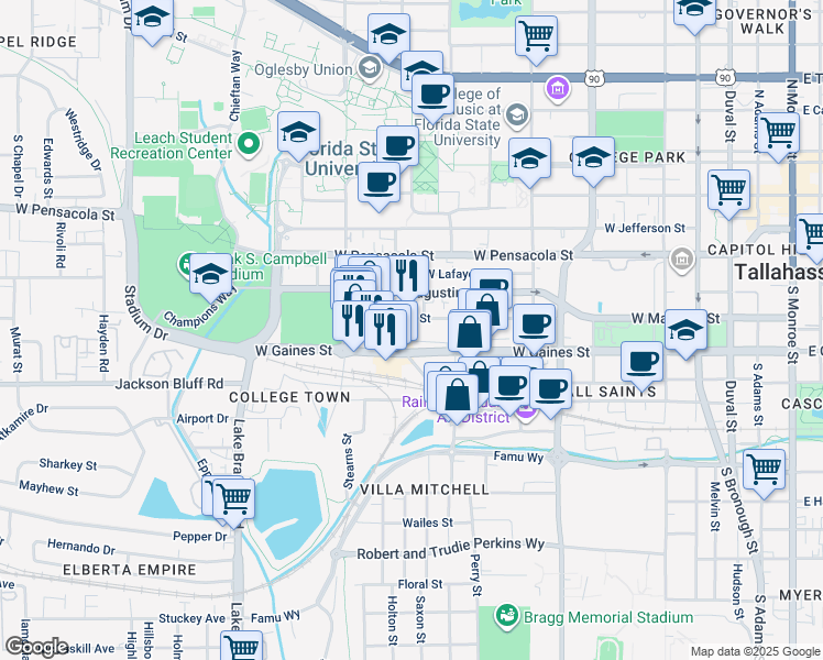 map of restaurants, bars, coffee shops, grocery stores, and more near 30 West Madison Street in Tallahassee